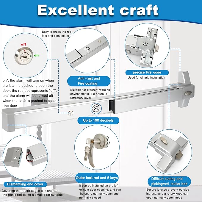 Commercial Door Push Bar Panic Exit Device with Exterior Lever with Alarm, 27.5” Stainless Steel Panic Bars for Exit Doors, Panic Bar Emergency Door Hardware for Wood Metal Doors