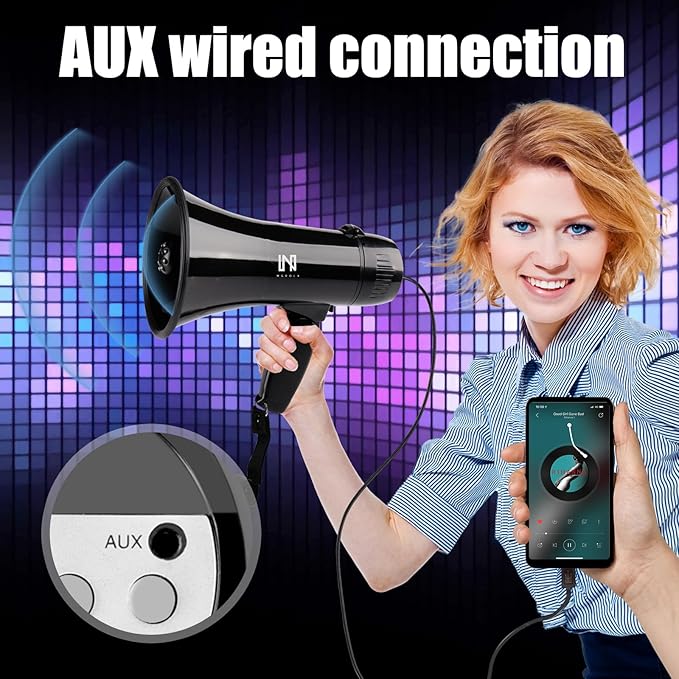20W Megaphone Bullhorn Speaker with LED, | Loud Spekaer with Siren, Recording and 3.5mm Aux Interface | Mega Phone Design for Outdoors and Safety Drills（Black）