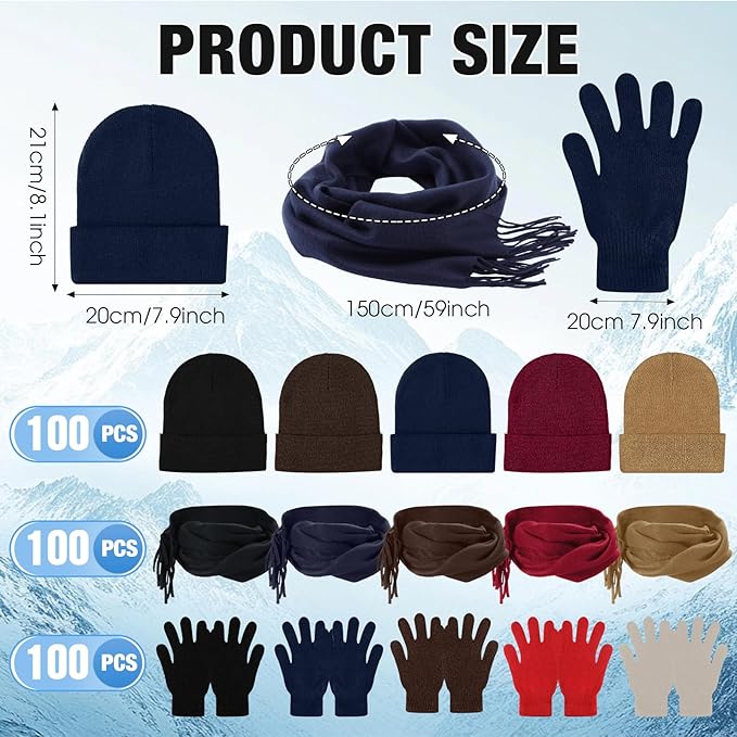 Unittype 300 Pcs Winter Homeless Care Supplies Bulk - Beanies Caps Gloves Scarves Set for Community Charity Church Donation