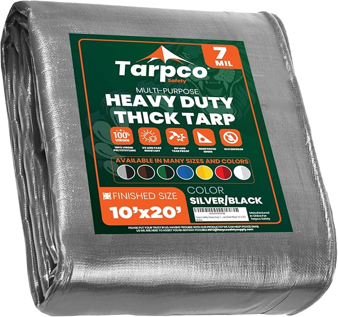Tarpco Safety Heavy Duty 7 Mil Tarp Cover, Waterproof, UV Resistant, Rip and Tear Proof, Poly Tarpaulin with Reinforced Edges for Roof, Camping, Patio, Pool Cover, Boat (Silver/Black 10′ X 20′)