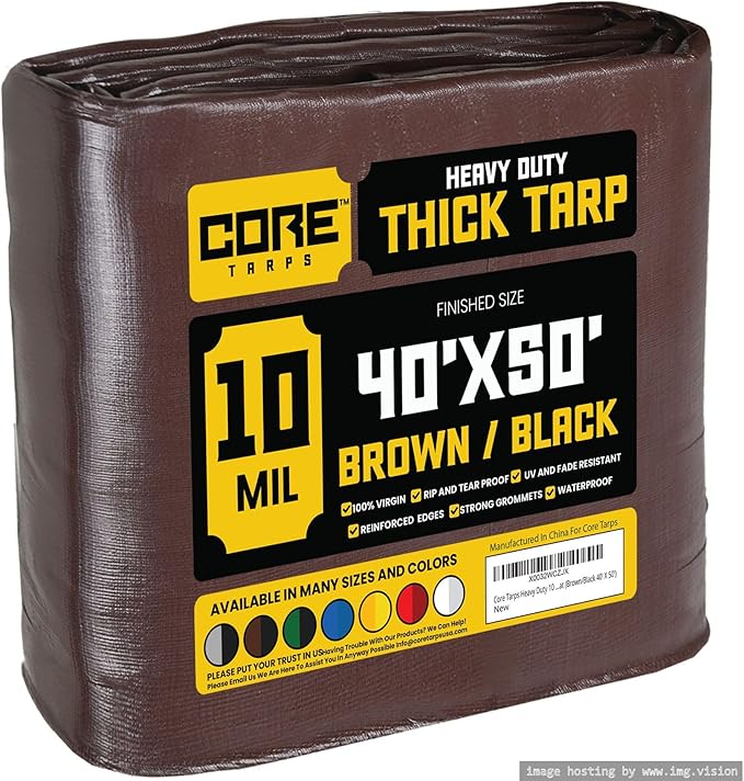 Core Tarps Heavy Duty 10 Mil Tarp Cover, Waterproof, UV Resistant, Rip and Tear Proof, Poly Tarpaulin with Reinforced Edges for Roof, Camping, Patio, Pool, Boat (Brown/Black 40′ X 50′)
