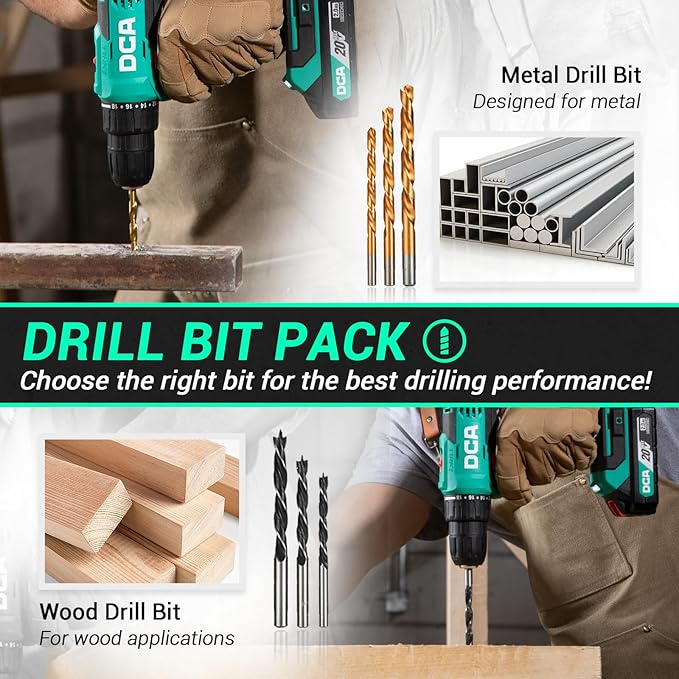 DCA Cordless Drill Set, 354 in-lbs Torque, 3/8" Keyless Chuck, Electric Power Drill with 2.0Ah Battery and Charger,18+1 Position,25-Piece 20V Drill Driver Kit, ADJZ2035