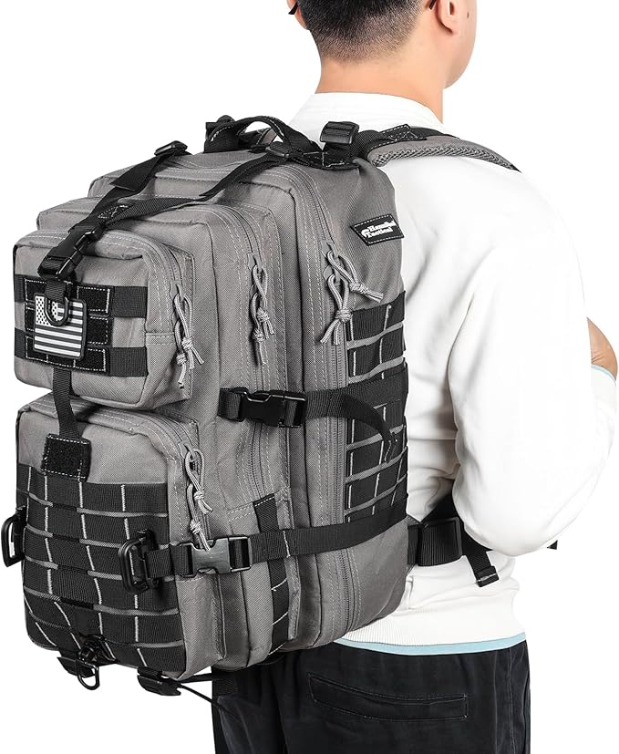 MOLLE Assault Backpack, Tactical Backpack Military Army Camping Rucksack, 3-Day Pack Trip w/USA Flag Patch, D-Rings Grey and Black