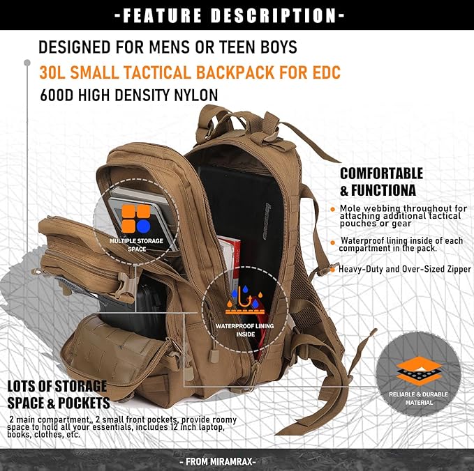 Small Tactical Backpack Military Daypack - 30L Backpack for Men Molle Assault Pack Bug Out Bag for Hiking Camping Travel Army Hunting Rucksack Trekking (Coyote)