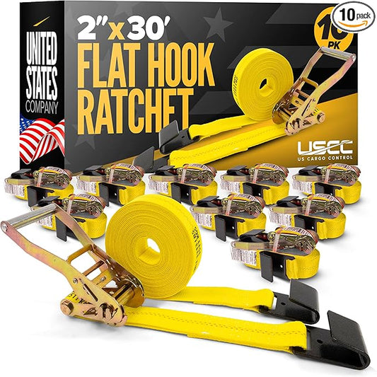 US Cargo Control Flat Hook Ratchet Straps 2 Inch X 30 Foot (10-Pack), 10,000 LBS Break Strength, Yellow Heavy Duty Ratchet Straps with Black Flat Hooks, Tie Downs for Flatbed Trailer