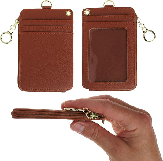 2-in-1 ID Badge Holder & Lanyard Wallet - Multi-Use Womens Small Wallet with Removable Wristlet & Neck Lanyard, Clear Window, 5 Card Slots, Phone Holder, Ring Keychain - Brown