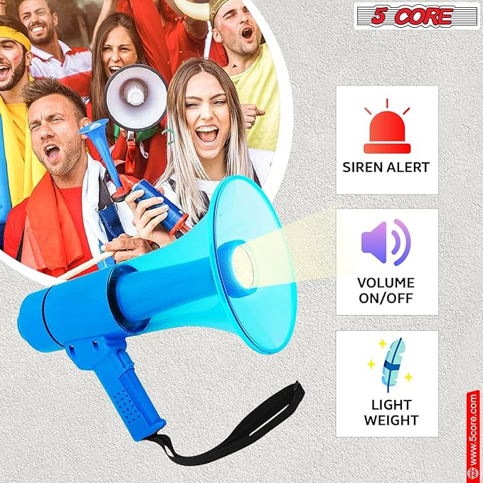 5 CORE Megaphone 50W Waterproof Bull Horn PA Speaker w 800 Yards Range Flashlight Loud Siren Voice Amplifier Lightweight Portable Megafono for Outdoor Sports Cheerleading and Coaches - HW 18 WP