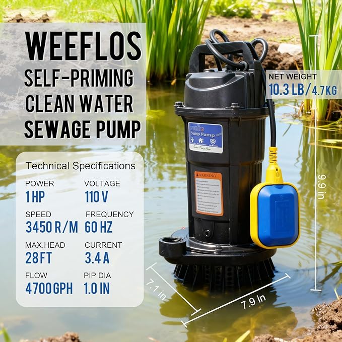Weeflos 1.0HP Submersible Sump Pump, Automatic Water Pump w/ 4700 GPH High Flow, 18ft Max Head, for Dirty Water Removal, Flooded Basement, Swimming Pool Cover, Hot Tubs, Aluminum (1HP/28FT)