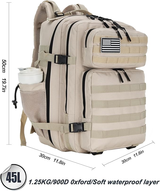 45L Tactical Assault Backpack 3 day assault pack with Molle Waterproof backpack Rucksack for Tactical Backpacks (Light Khaki)