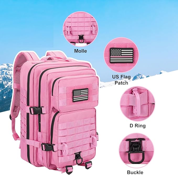 MOLLE Assault Backpack, Tactical Backpack Military Army Camping Rucksack, 3-Day Pack Trip w/USA Flag Patch, D-Rings, Pink