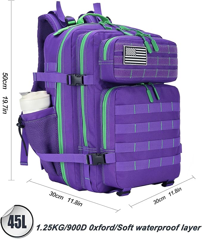45L Tactical Assault Backpack 3 day assault pack with Molle Waterproof backpack Rucksack for Tactical Backpacks (Purple Green)