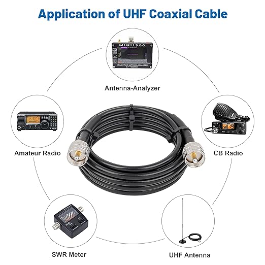 RG8x Coaxial Cable 10ft,CB Coax Cable 50 Ohm,UHF PL259 Male to Male Low Loss CB Antenna Extension for HAM Radio,VHF Radio,SWR Meter,Dummy Load,Antenna Analyzer