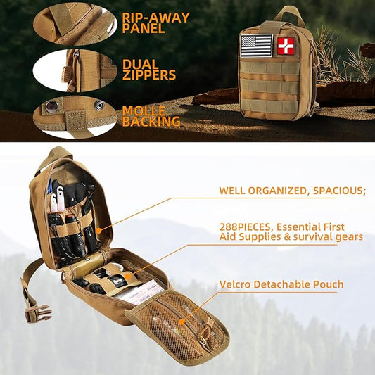 Survival First Aid Kit, Molle Medical Pouch 288PCS Outdoor Emergency Survival Gear and Equipment for Hiking Camping Hunting Car Boat Home Travel and Adventures, Gift for Him Men(Khaki)