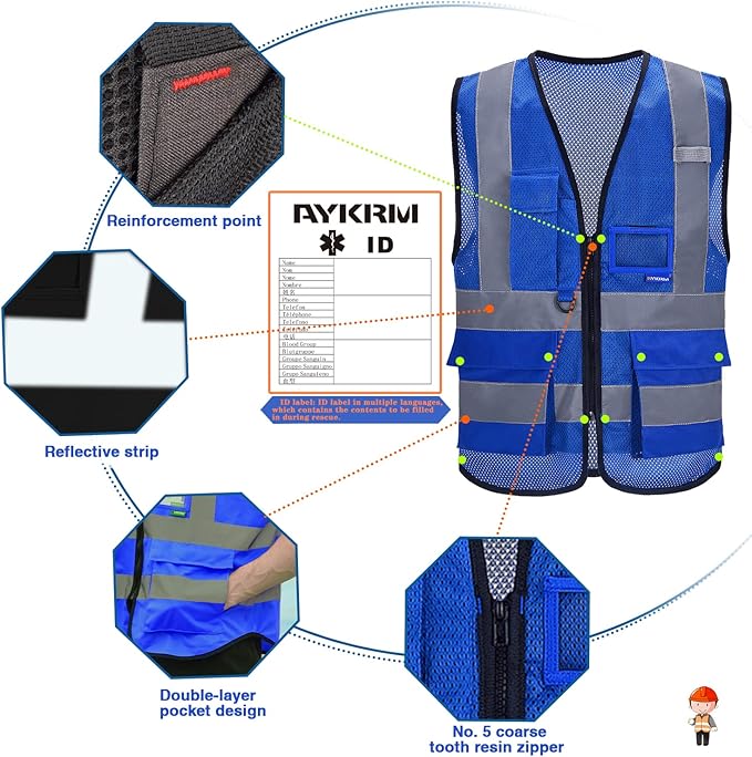 A-SAFETY High Visibility Mesh Safety Reflective Vest with Pockets and Zipper,Hi Viz Work Vest for Men Women (Blue Mesh 6XL-8XL)