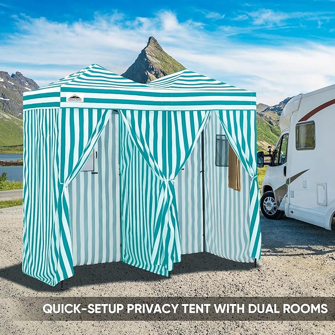 EAGLE PEAK Outdoor Changing Room 8x4, 2 Room Pop Up Portable Changing Room, Sun Shelter, Pop Up Changing Tent for Beach or Pool,Portable Dressing Room for Photoshoots (White/Light Blue)