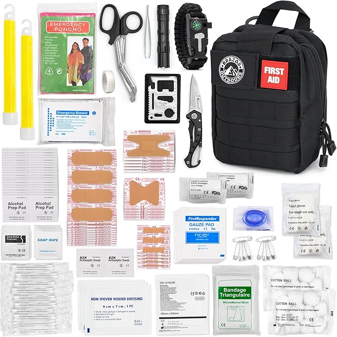 The Brazos First Aid Survival Kit, 250 Pieces, Hiking & Camping Essentials, Survival Gear and First Aid Combo for Emergency Preparedness, Lightweight, Portable, Tactical Clips & Closures, Black