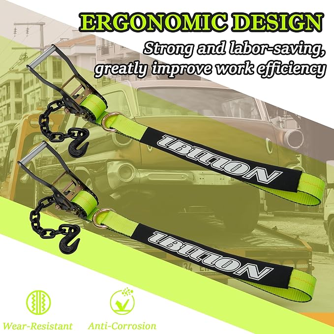 4 Pack Car Tie Down Straps for Trailers with Heavy Duty Chain Anchors 2" x 96" - 3,300 lbs Safe Working Load -Adjustable Wheel Straps with Chain Hook Anchors for Trailers.Green