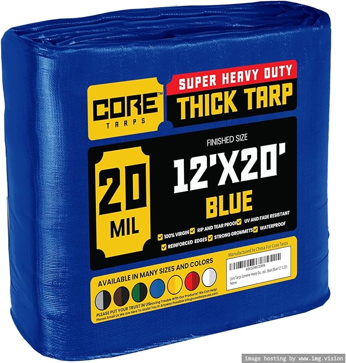 Core Tarps Extreme Heavy Duty 20 Mil Tarp Cover, Waterproof, UV Resistant, Rip and Tear Proof, Poly Tarpaulin with Reinforced Edges for Roof, Camping, Patio, Pool, Boat (Blue 12′ X 20′)