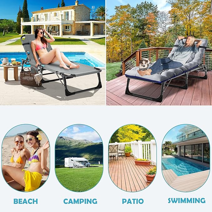 ABORON Patio Lounge Chair, Folding Guest Bed Cot for Adults, 500LB Heavy-Duty Capacity, Portable Extra Bed with Comfort Mat, Quick Fold Design for Indoor Guest Stays & Temporary Use