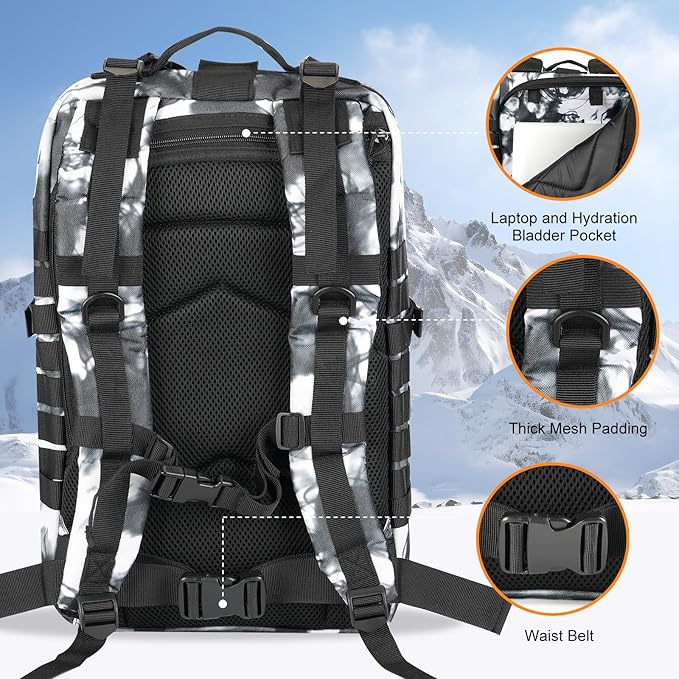 MOLLE Assault Backpack, Tactical Backpack Military Army Camping Rucksack, 3-Day Pack Trip w/USA Flag Patch, D-Rings, Black White camo