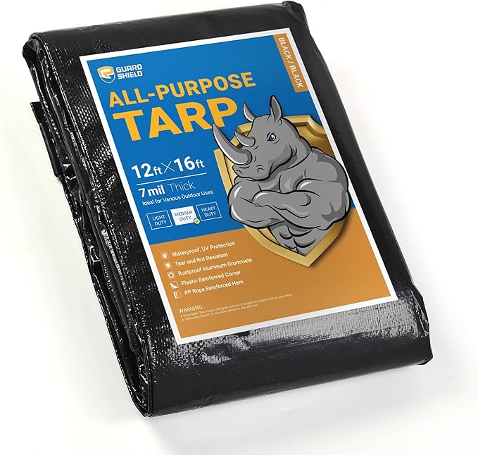 GUARD SHIELD Black Tarp Waterproof 12x16 Feet Medium Duty All Purpose Poly Tarps Cover 7mil