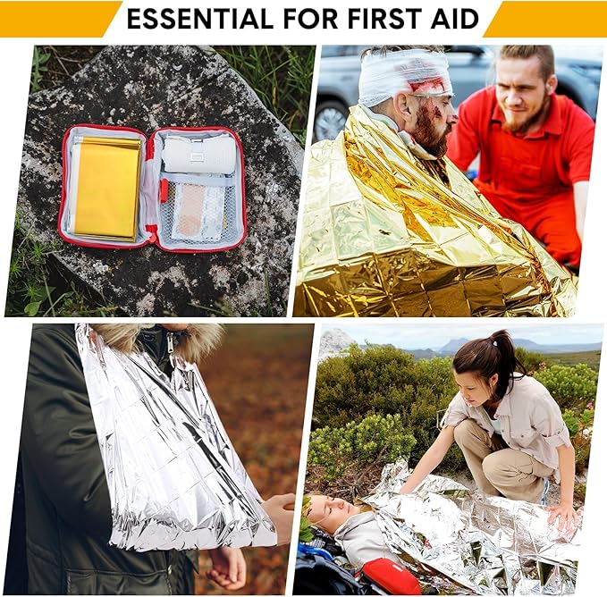 100 Pcs Emergency Blankets for Survival 83 x 55 Emergency Foil Thermal Reflective Space Blanket Bulk Waterproof Individually Wrap Survival for Car Camping Outdoor Homeless (Gold Silver)