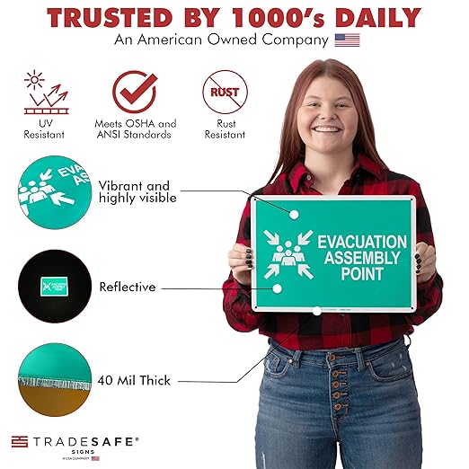 TRADESAFE Evacuation Assembly Point Sign - Emergency Evacuation Sign, Quick Install, Light Reflective, UV-Resistant, Waterproof, 14” X 10” Aluminum Safety Signs for Business