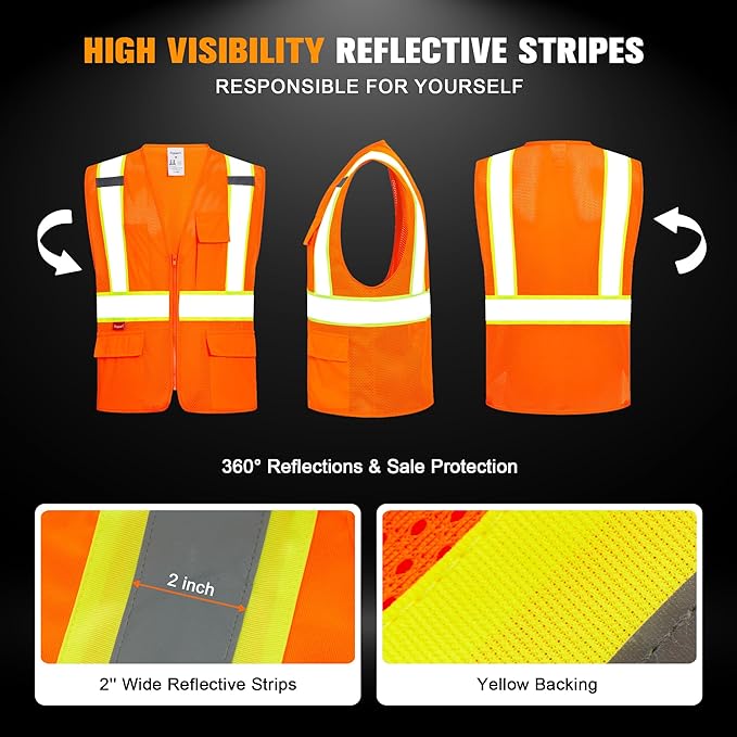 ProtectX Safety Vest for Men Women ANSI Class 2 High Visibility Mesh Reflective Construction Vest with 4 Pockets