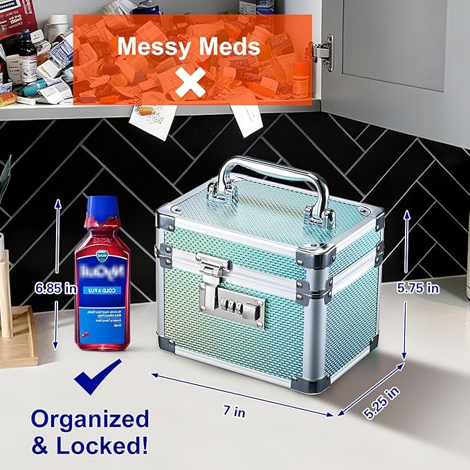Adazzo Lockable Medicine Storage Box - Shiny Turquoise Cabinet Med Lock Organizer, 7 * 5.25 * 5.75 Inches Safe Case with Combination Lock for Home, Dorm, Office, or Travel - Mini Size