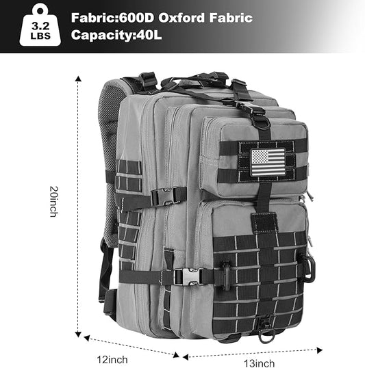 MOLLE Assault Backpack, Tactical Backpack Military Army Camping Rucksack, 3-Day Pack Trip w/USA Flag Patch, D-Rings Grey and Black
