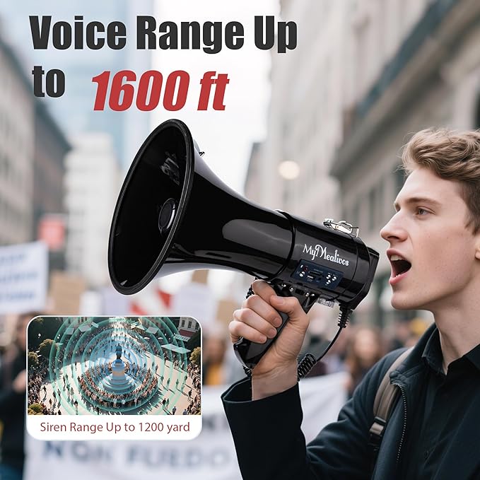 MyMealivos 50W Bluetooth Megaphone with Rechargeable Battery-Professional Bullhorn with Siren&240s Recording Supports USB/SD/3.5mm Aux-1600ft Range for Sports Police Emergency Outdoor Activities
