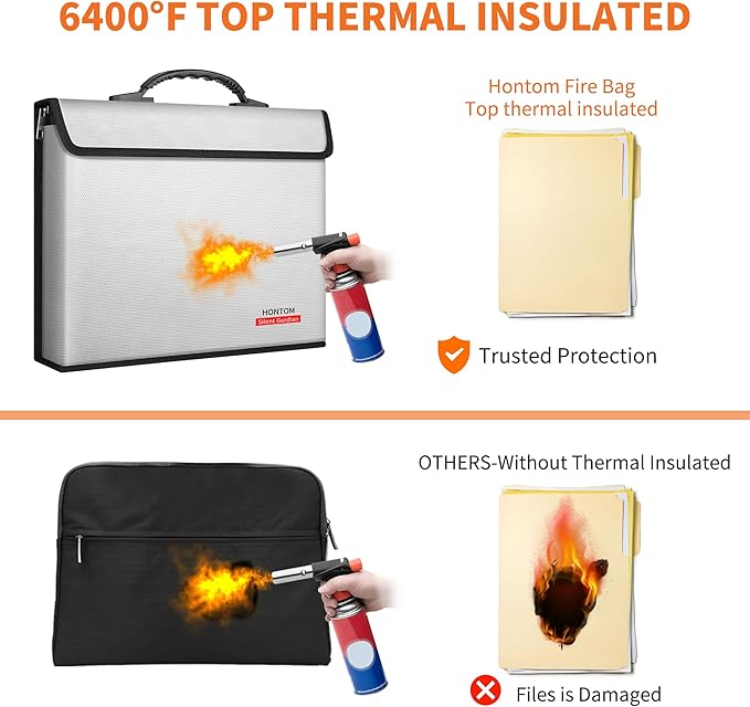 Hontom Fireproof Document Bag with 2 Pockets, 6400℉ Upgraded Material Fireproof Money Bag with Lid, Travel Home Fire Safe Storage Cash Pouch for Important Documents, Silver