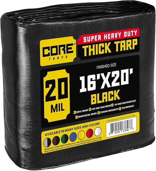 Core Tarps Extreme Heavy Duty 20 Mil Tarp Cover, Waterproof, UV Resistant, Rip and Tear Proof, Poly Tarpaulin with Reinforced Edges for Roof, Camping, Patio, Pool, Boat (Black 16′ X 20′)