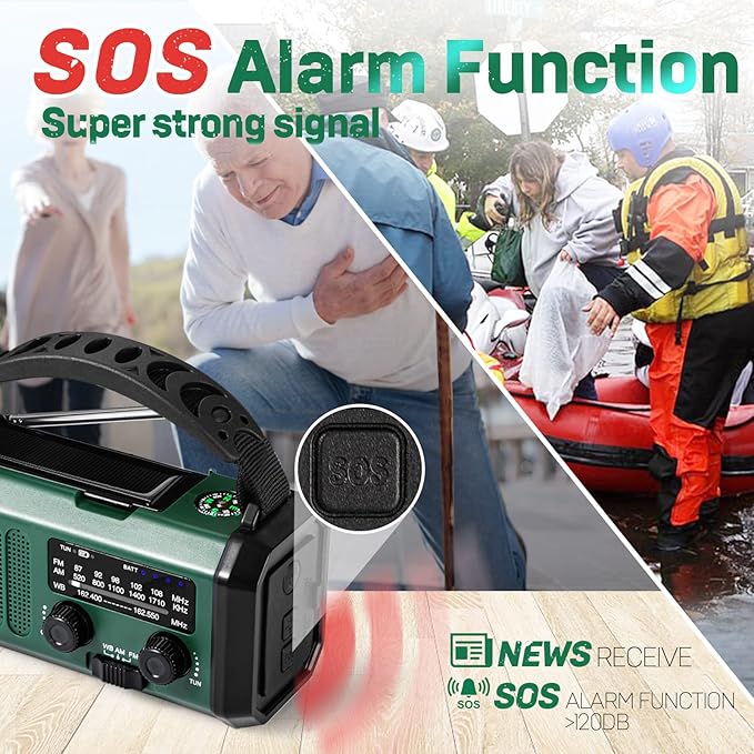Emergency Hand Crank Radio with 10000mAh/37000mWh Battery Backup, NOAA/AM/FM Weather Radio, Type-C Charge,Solar Charging,SOS, 3 Modes LED Torch, Reading Lamp, Compass for Outdoor Survival