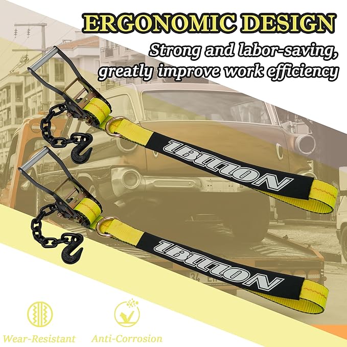 4 Pack Car Tie Down Straps for Trailers with Heavy Duty Chain Anchors 2" x 96" - 3,300 lbs Safe Working Load -Adjustable Wheel Straps with Chain Hook Anchors for Trailers.Yellow