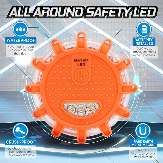 Marcala LED Road Flares Emergency Lights 6‑Pack | Roadside Safety Disc & LED Safety Flare | Roadside Hazard Emergency Kit w/Boat Flare Kit | Batteries, Case & Whistle Included | Feel Safe on Road