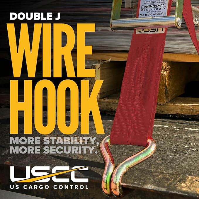 US Cargo Control Wire Hook Ratchet Strap 2 Inch x 12 Foot, 10,000 LBS Break Strength, Ratchet Straps Heavy Duty with Double J Hooks, Red Cargo Tie Downs for Flatbed Trailers and Trucks