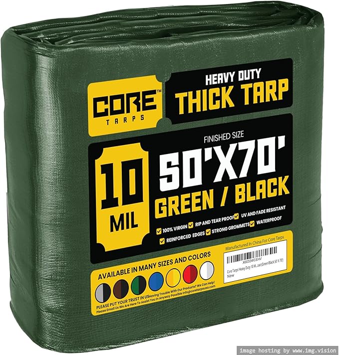 Core Tarps Heavy Duty 10 Mil Tarp Cover, Waterproof, UV Resistant, Rip and Tear Proof, Poly Tarpaulin with Reinforced Edges for Roof, Camping, Patio, Pool, Boat (Green/Black 50′ X 70′)