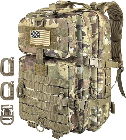 MOLLE Assault Backpack, Tactical Backpack Military Army Camping Rucksack, 3-Day Pack Trip w/USA Flag Patch, D-Rings, Cp