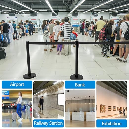 Geelin Heavy Duty Crowd Control Stanchions Stainless Steel Stanchion Set with Safety Barrier Post with Retractable Belt and Sign Holder Crowd Control Barrier(9.8ft,Black,12 Pcs Sets)