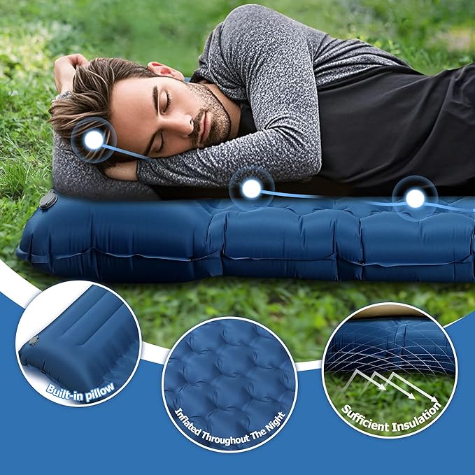 Sleeping Pad, 4.7" Extra-Thick & Ultralight Inflatable Camping Mat with Pillow, Built-in Foot Pump, Compact for Backpacking, Camping, Hiking, Travel — Navy Blue