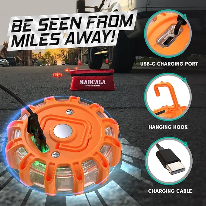 Marcala 4-Pack Rechargeable LED Emergency Road Flares | Large 1200mah Battery for Longer Run Time | Red Diode Road Emergency Light for High Visibility | Rechargeable LED Flares w/Included USB-C Cable