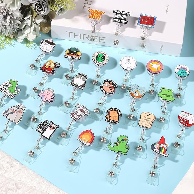 25 Pcs Funny Badge Reel Bulk Pack, Cute Nurse Badge Reel with Retractable Clip Decorative Name ID Work Badge Holder for CNA RN LPN MA Medical Healthcare Student Teacher Nursing Week Gifts