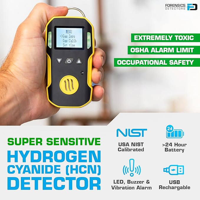 Hydrogen Cyanide Gas Detector (HCN) | USA NIST Calibration & Certificate | USB Recharge | Sound, Light and Vibration Alarms | 0-50ppm HCN |