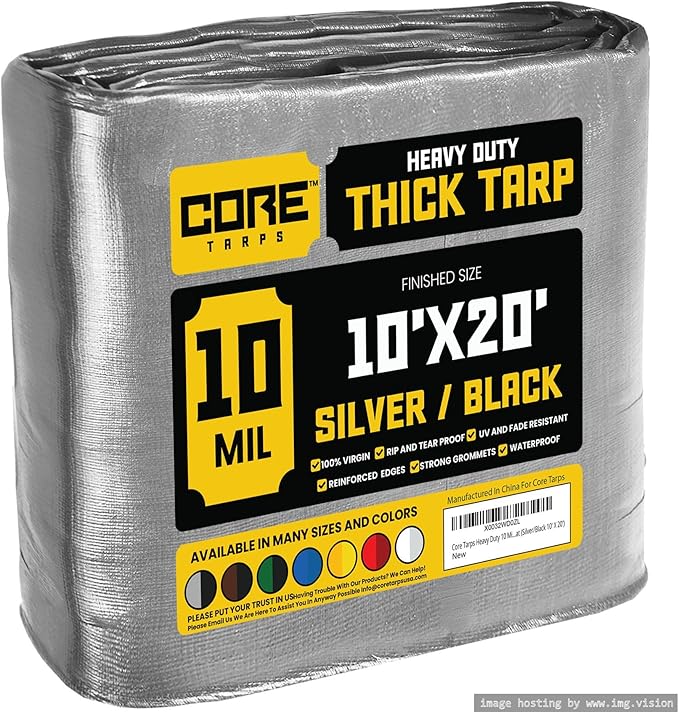 Core Tarps Heavy Duty 10 Mil Tarp Cover, Waterproof, UV Resistant, Rip and Tear Proof, Poly Tarpaulin with Reinforced Edges for Roof, Camping, Patio, Pool, Boat (Silver/Black 10′ X 20′)