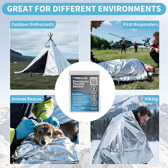 FRONTLINE Emergency Thermal Blankets Large 54" x 84" Mylar Blankets Survival Gear Camping Gear Emergency Space Blanket First Aid for Survival (10)