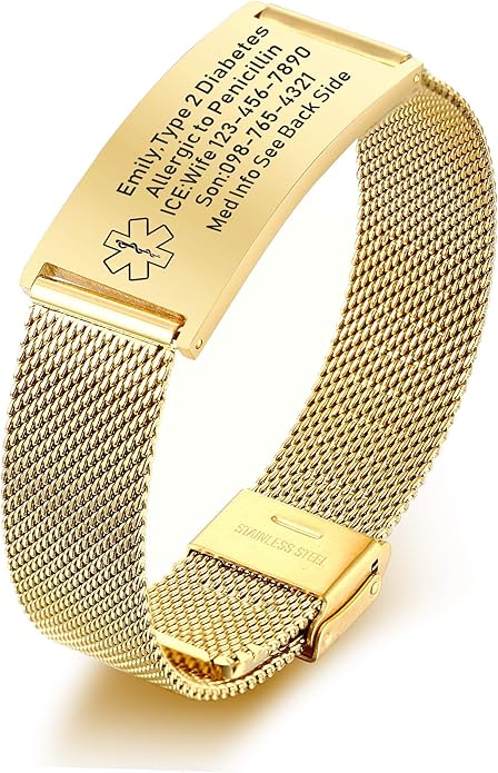 VNOX Medical Alert Bracelets for Men & Women Kids with Free Engraving Adjustable Stainless Steel Mesh Emergency Medical ID Bracelets Wristband