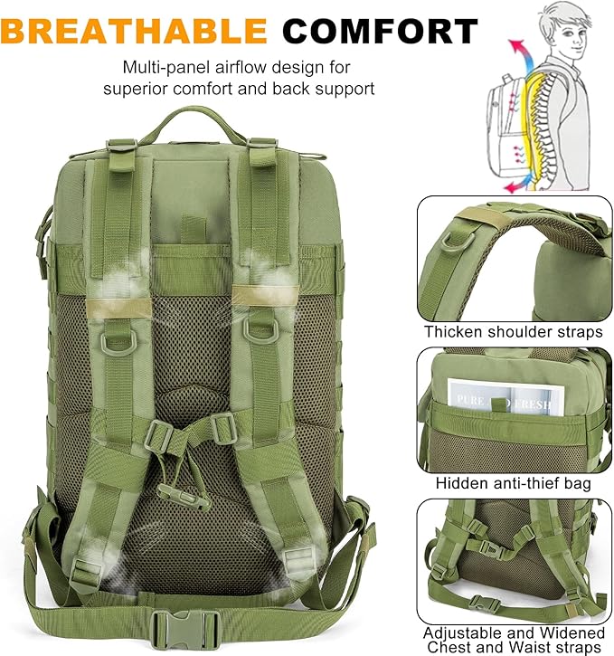 Tactical Backpack 45L Army Military Rucksack, Water Resistant MOLLE Pack, Large 3 Day Bug Out Bag for Men & Women, Durable Outdoor Gear for Hiking, Camping, Hunting, Travel(ArmyGreen)