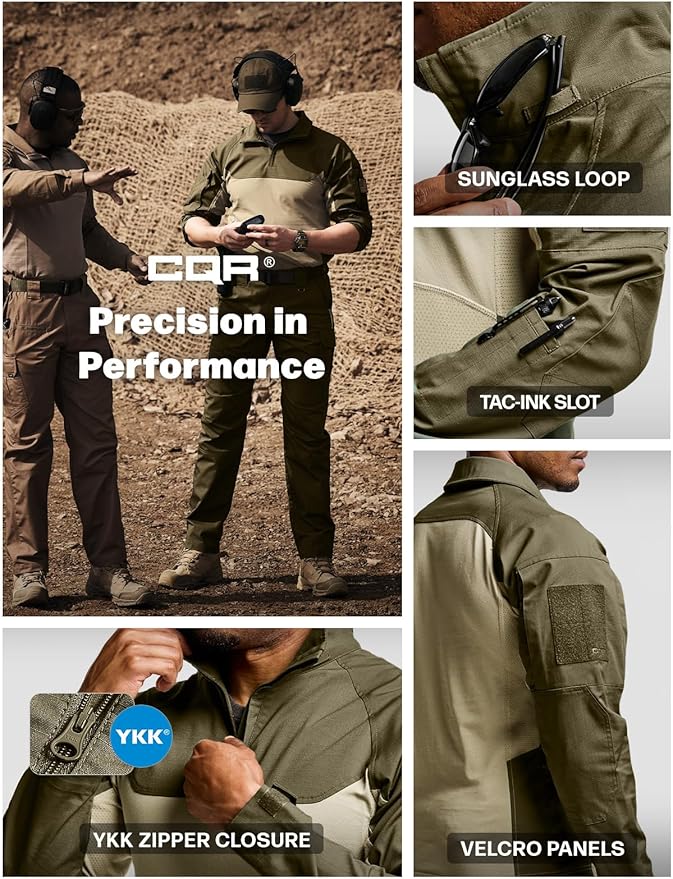 CQR Men's Combat Shirt Tactical 1/4 Zip Long Sleeve Military BDU Shirts Camo EDC Top with Pockets