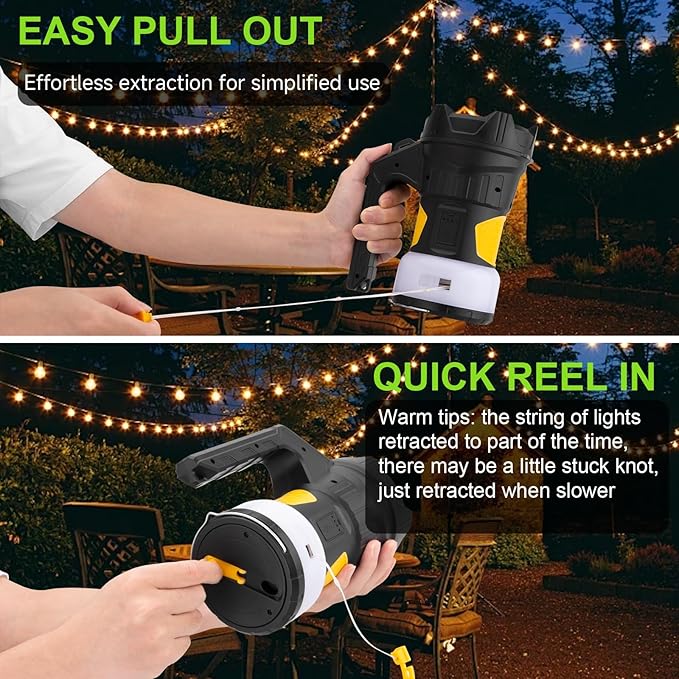 LED Camping Lantern Rechargeable, Camping Flashlight Spotlight 1200LM, 47.6FT Fairy Lights 6 Light Modes for Holiday Decoration, Emergency, Hiking, Power Outages, Camping Essentials
